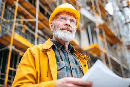 A manager in a hard hat examines construction plans, ensuring details are correct. He stands confidently at a busy construction site, focused on the work ahead.の素材