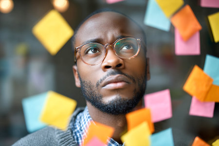 A man is thoughtfully considering ideas during a brainstorming session surrounded by vibrant sticky notes in a modern office environment.の素材