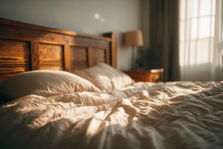 Warm sunlight gently illuminates an unmade bed, creating a relaxed morning atmosphere in the peaceful bedroom.の素材