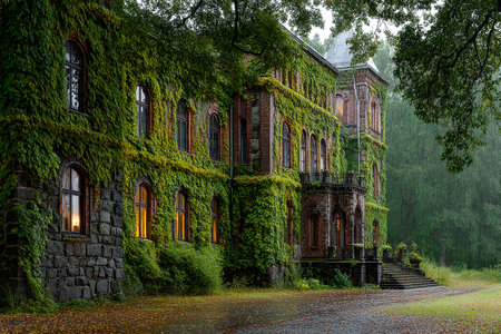 A beautiful house covered in lush ivy sits quietly in a forest as rain pours down. Warm lights glow from the windows, creating a cozy and inviting atmosphere.の素材