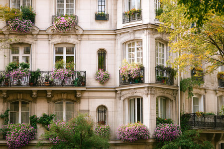 Brightly colored flower boxes brighten the balcony of a European townhouse, showing seasonal blooms against the elegant architecture in springtime.の素材