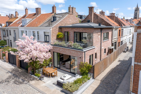 Charming modern house featuring a garden and terrace, nestled in a quaint neighborhood with a vibrant street and beautiful cherry blossom tree in springtime.の素材