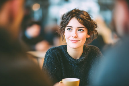 A young woman sits at a table in a lively cafe, sharing a casual conversation. She smiles brightly while holding a cup of coffee, creating a warm atmosphere.の素材