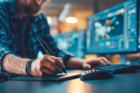 A person is focused on creating digital content in a contemporary workspace. They use a stylus on a tablet while surrounded by computer screens displaying graphics.の素材