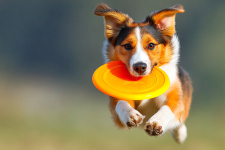 A dog leaps into the air, catching a frisbee with confidence and excitement. The scene captures the joy of playtime in an open outdoor setting on a sunny day.の素材