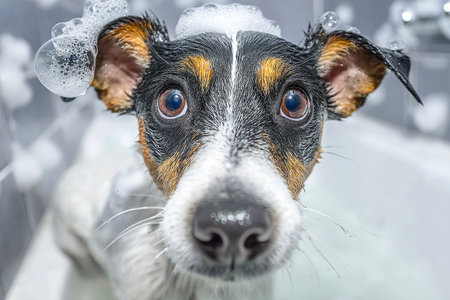 A lively dog is having fun in the bath, surrounded by bubbles and water. Its playful demeanor shows pure joy during bath time in a cozy bathroom setting.の素材