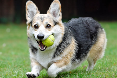 A happy corgi runs through a lush green backyard, proudly carrying a bright green ball. The sun shines down as it enjoys a fun game of fetch.の素材
