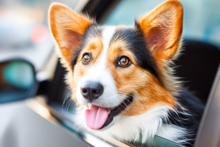 A happy dog leans out of an open car window, its fur ruffling in the wind. The sun shines brightly as it enjoys the ride, surrounded by passing scenery.の素材