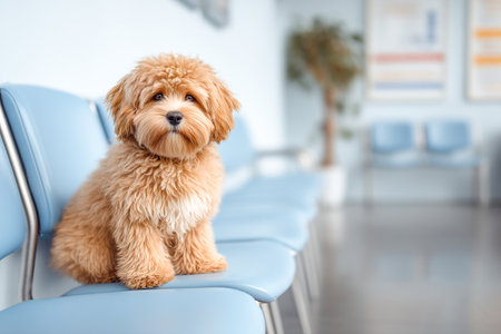 A fluffy dog sits calmly on a chair in the waiting area of a vet clinic, surrounded by a clean, neutral background and blue seating.の素材