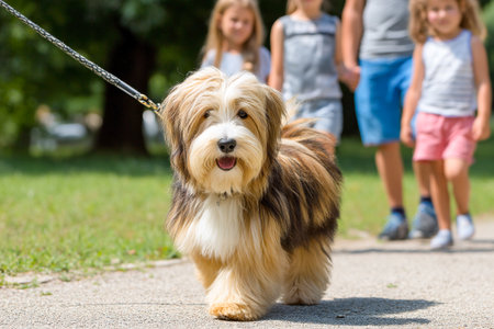 Family members stroll together on a bright sunny day in the park, enjoying each other's company while their playful dog leads the way.の素材