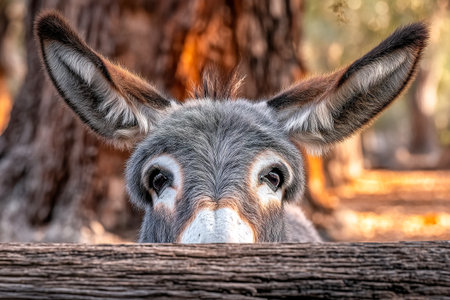 A donkey curiously peeks over a wooden fence under the bright midday sun. Warm light highlights the donkey's soft fur and big eyes, creating a charming scene.の素材