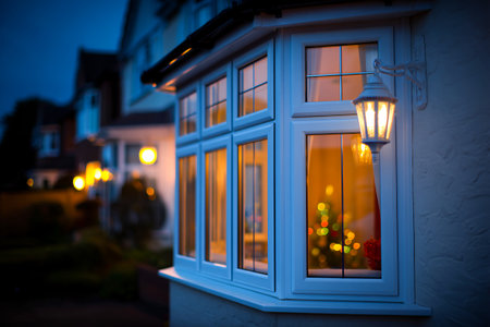 Warm light spills from charming house windows as evening descends. Soft illumination creates a welcoming atmosphere, showcasing holiday decorations inside.の素材