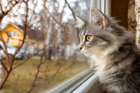 A curious cat watches birds from a window in a peaceful neighborhood. The sunlight shines through, highlighting the cat's fur and the trees outside.の素材