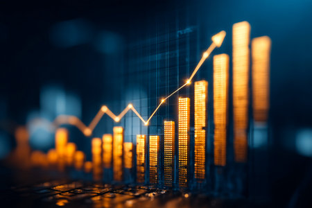 Charts display upward trends in financial data, illustrating growth and positive performance. This visual representation highlights analytics in a business environment.の素材