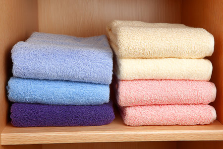 Soft towels in pastel shades are neatly stacked on a wooden shelf in a laundry room, creating a tidy and organized atmosphere for household tasks.の素材