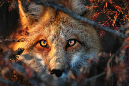 A fox with striking eyes peeks through colorful bushes in a serene autumn forest. The golden light enhances the beauty of the scene and the animal's fur.の素材