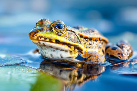 A colorful frog sits on a lily pad, surrounded by clear water. The sun shines brightly, creating reflections on the surface. Nature's beauty on a peaceful day.の素材