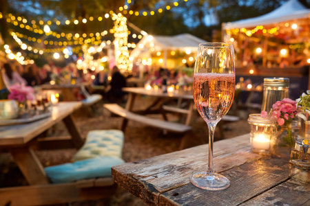 Guests enjoy drinks and the warm glow of string lights at a relaxed outdoor party. The atmosphere is festive and inviting, perfect for socializing under the night sky.の素材