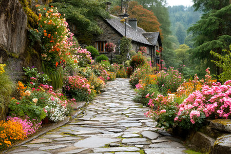 A beautifully designed pathway winds through vibrant flowers in full bloom, leading to a quaint stone cottage surrounded by lush greenery and trees.の素材