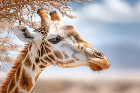 A giraffe stretches its long neck to eat tender leaves from a tall tree under a bright sky. It enjoys its meal in a peaceful savannah setting during daylight.の素材