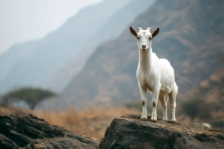 A white goat stands proudly on a large rock in a mountainous farm area. The scene is serene yet chaotic, with slopes and distant trees in the background.の素材