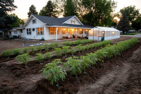 Rows of young tomato plants flourish in rich soil beside a cozy house and greenhouse as the sun sets, creating a peaceful evening scene.の素材