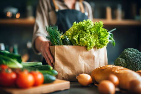 Fresh groceries are being unpacked in a cozy kitchen. A person is carefully taking out lettuce, herbs, and other vegetables from a paper bag.の素材