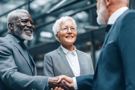 Three professionals shake hands after completing a business deal in a modern office. The atmosphere is positive, reflecting successful collaboration and agreement.の素材