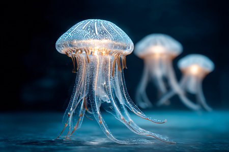 Graceful jellyfish float effortlessly in a vibrant blue aquarium light, creating a serene atmosphere. Their long tentacles sway gently, captivating all who observe.の素材