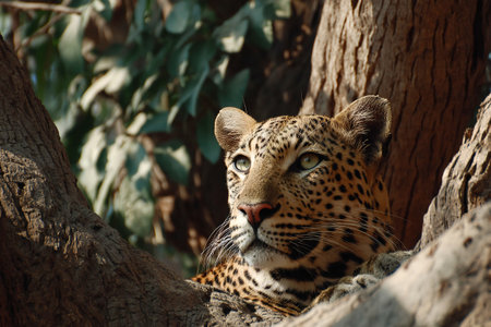 A leopard rests comfortably on a thick branch of a tree, surrounded by lush green leaves, enjoying the warm sunlight of the day in a serene jungle setting.の素材