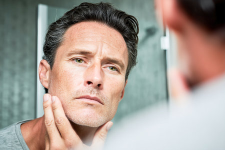 A man stands at a bathroom mirror carefully shaving his face. He appears focused, with a fresh, stylish haircut and a clean environment around him.の素材