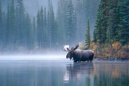 A moose wades into the calm lake water, its reflection visible in the peaceful morning setting surrounded by tall trees and mist.の素材