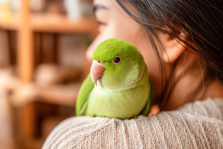 A green parrot rests comfortably on the shoulder of its owner in a warm and inviting indoor setting. They share a close bond filled with affection.の素材