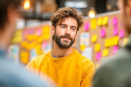 In a lively workspace, a manager leads a team discussion focused on agile project management. Colleagues engage actively, surrounded by colorful sticky notes.の素材