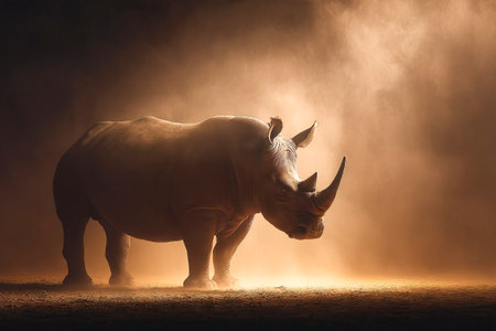 A rhinoceros stands still in a swirling cloud of dust, illuminated from behind, creating a dramatic scene in the golden light of dusk.の素材