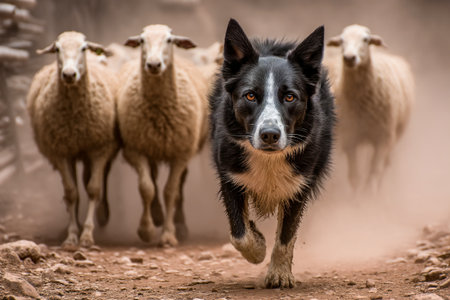 A herding dog races ahead, managing a flock of sheep as dust swirls around them in a rural setting. The scene captures the excitement and energy of the moment.の素材