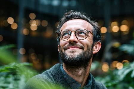 A founder shares innovative concepts while surrounded by lush plants and modern architecture. He smiles confidently, embodying a fresh vision for the future.の素材