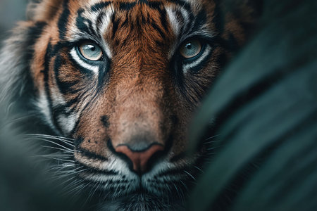 A powerful tiger hides in dense jungle shadows, its intense gaze piercing through the foliage. The scene captures a moment of wild beauty and intrigue.の素材