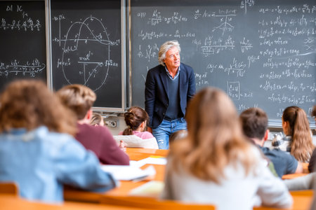 A professor delivers an engaging lecture to students seated in a university auditorium filled with academic content on chalkboards.の素材
