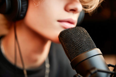 The young actor focuses intently as he records voice work in a sound booth, wearing headphones and speaking into a microphone during a studio session.の素材