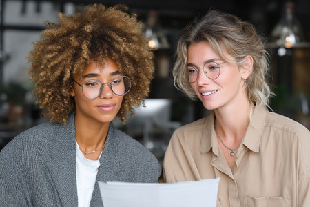 Two women are seated together in a cozy cafe, reviewing important documents and discussing the details. The atmosphere is relaxed and inviting.の素材