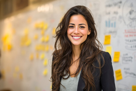 A female marketing specialist stands confidently in a vibrant workspace filled with sticky notes and charts, showing her enthusiasm and expertise in the field.の素材
