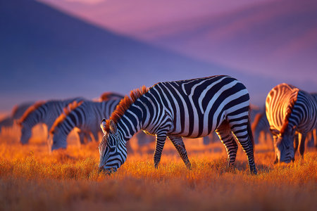 A group of zebras grazes in a golden field under the soft light of sunset, with distant mountains creating a serene backdrop. Nature showcases its beauty.の素材