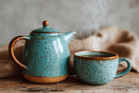 A charming teapot sits beside a steaming teacup, creating a cozy atmosphere that invites relaxation and comfort during a peaceful moment.の素材