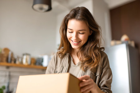 A young woman smiles as she opens a brown package in her bright kitchen. The room has modern decor and is filled with natural light, creating a warm atmosphere.の素材