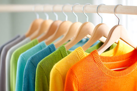 A variety of bright and colorful sweaters hang neatly on a wooden rack in a boutique. Shoppers can easily browse attractive options for the season.の素材