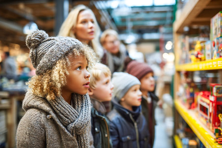 Excited children gaze at shelves filled with various toys while shopping in a lively toy store. Their expressions reflect wonder and curiosity during the visit.の素材