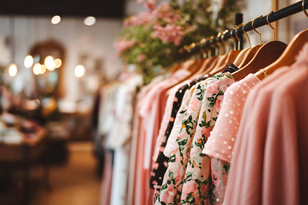 A boutique features a variety of trendy clothes hanging neatly on wooden hangers, surrounded by soft lighting and floral decor, creating a welcoming shopping environment.の素材