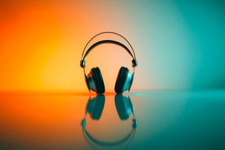 Headphones sit on a shiny surface, reflecting a stunning blend of orange and teal hues under soft lighting. The scene captures a calm and creative atmosphere.の素材