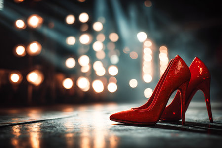 Red high heels stand elegantly on a glossy floor while studio lights create a vibrant atmosphere. This scene captures the glamor and style of fashion.の素材